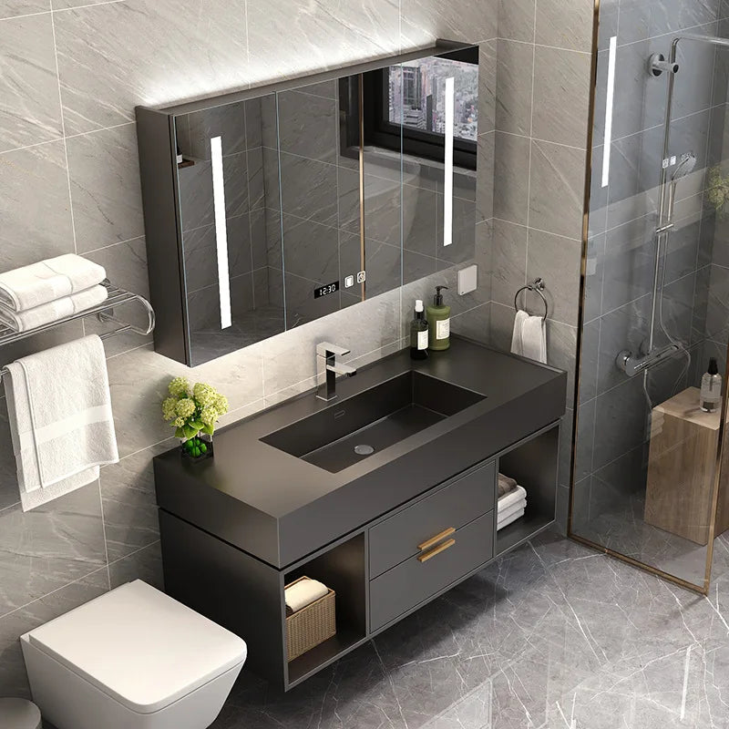 Luxury Modern Bathroom Vanity with Smart Mirror Solid Wood and Carrara Marble Top White Lacquer Drawer Storage Equipment