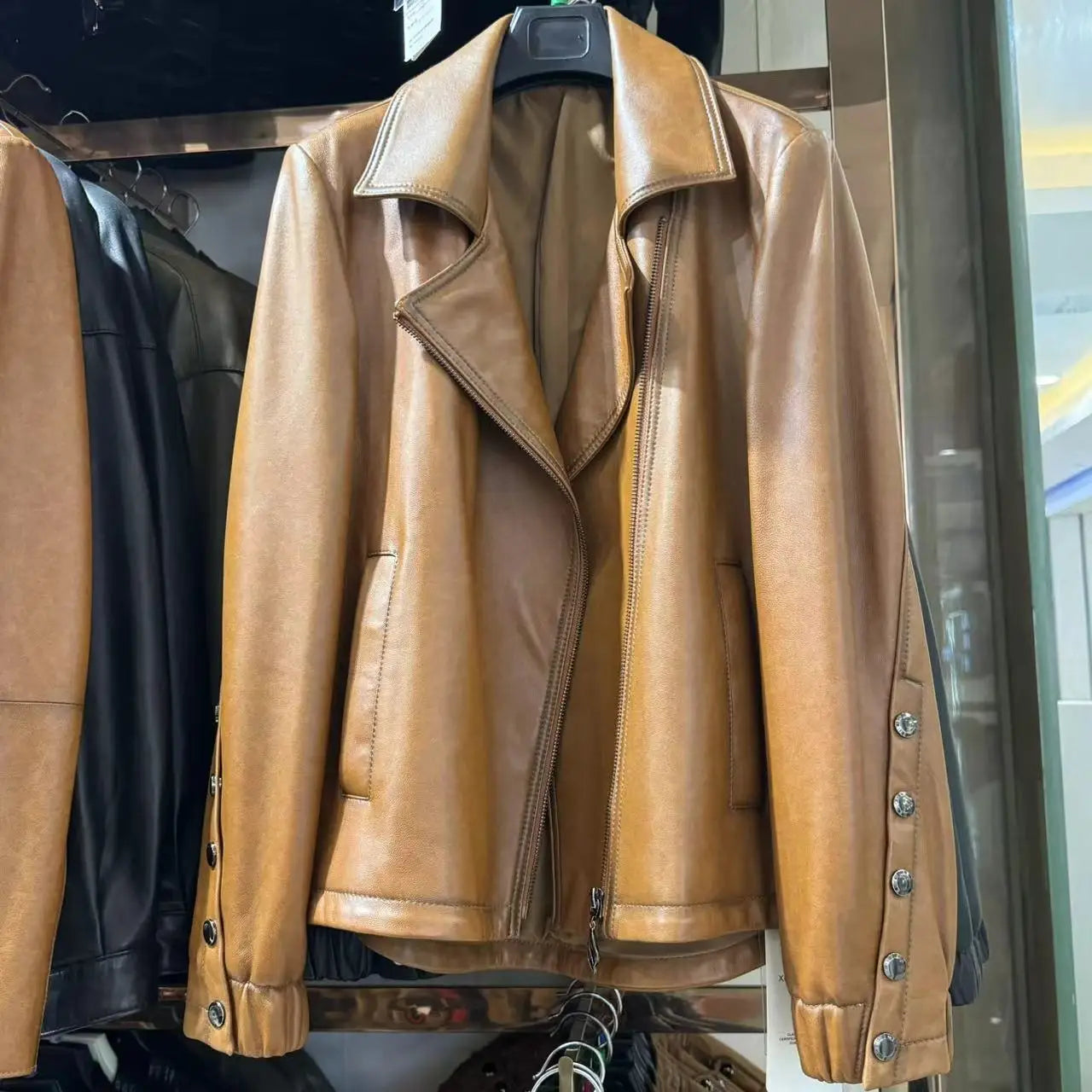 Jancoco Vegetable Tanned Real Leather Coat Women Cropped Motorcycle Leather Jackets With Pockets