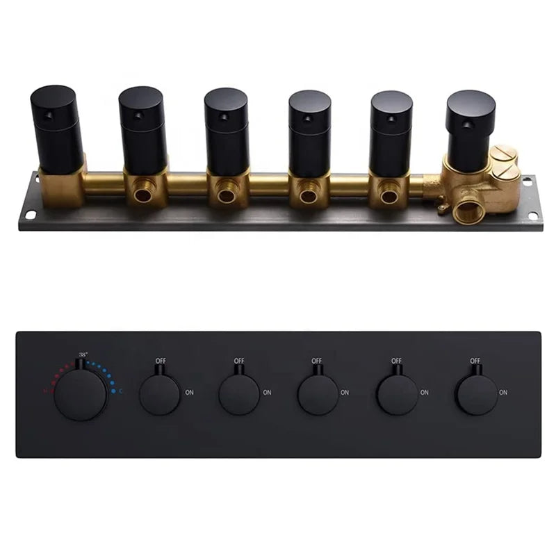 6 Handles 5 Functions Black Chrome Polished Modern Brass Shower Diverter Thermostatic Valve Pressure Balanced Mixer