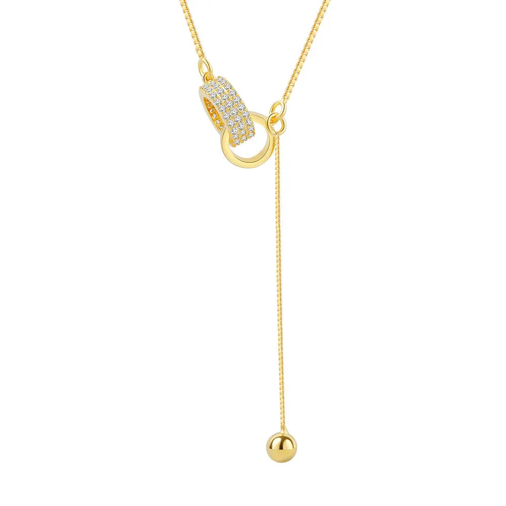 Daidan 18K Gold Circle Pendant Double Ring Personalized Tassel Sterling Silver Necklace