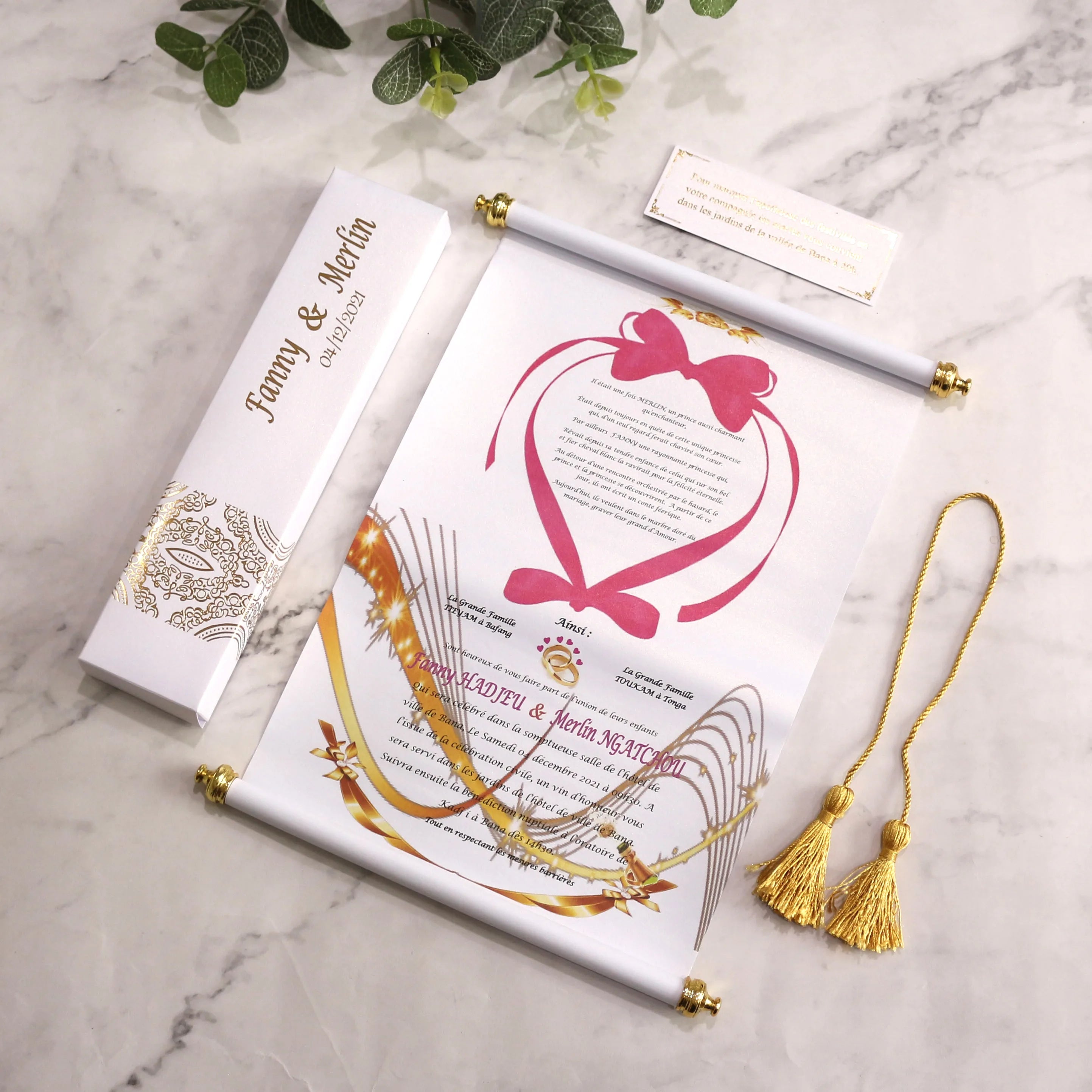 Custom Printed White Gold Foil Scroll Cards Boxes Handmade Wedding Invitations Featuring Gold Tassel Music Angel Made Paper