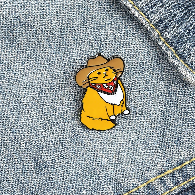 Cartoon Cute Kitten Brooch Enamel Cat Pin Western Cowboy Cat Badge for Backpacks Fits Women Men Girls and Boys