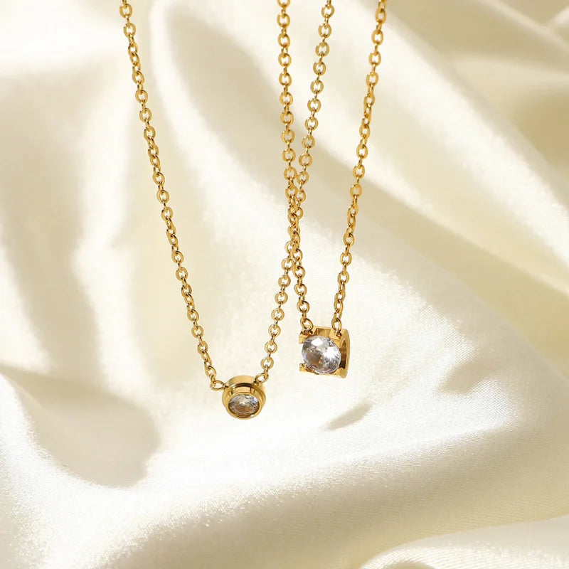 Women Stainless Steel Chain Necklace Pendant 18K Gold Plated Mini Round Rectangle Crystal Diamond Necklace