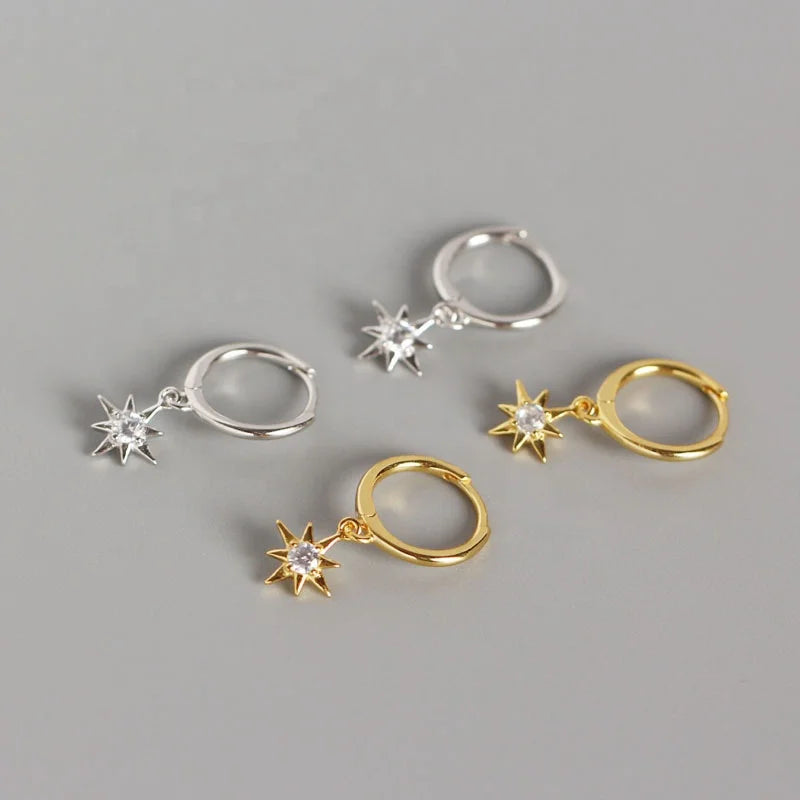 Extremely Simple Octagonal Star Pure Silver Ear Nail INS Star Set Diamond Small Sun Ear Buckle S925 Earring for Female