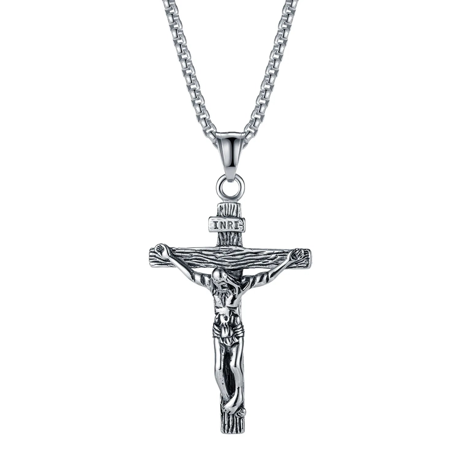 Stainless Steel Classic Christian Jesus Cross Pendant Necklace with Rope Chain for Wedding & Party Occasions