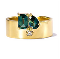 18K Gold-Plated Brass Bricolage Ring with Emerald and Pear Cut Sapphire and Diamond Fashionable Gemstone Accent Ring