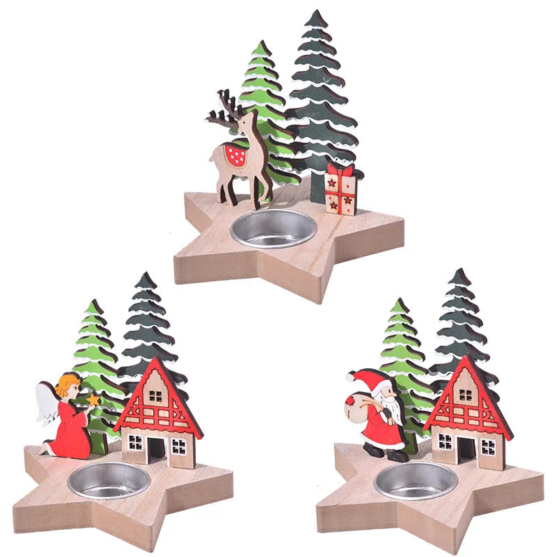 Custom Snowflake Deer Pentagram Christmas Tree Holiday Gift Rustic Circle Small Tealight Wooden Candle Holder for Home Decor