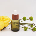 Oblique Shoulder Olive Green Oil Dropper Glass Bottle 50Ml With Dark Wooden Texture Dropper Lid