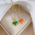 18k Gold Plated Green Red Crystal Toronto Leaf Pendant Necklace 316L Stainless Steel Zircon Maple Leaf Necklace for Women