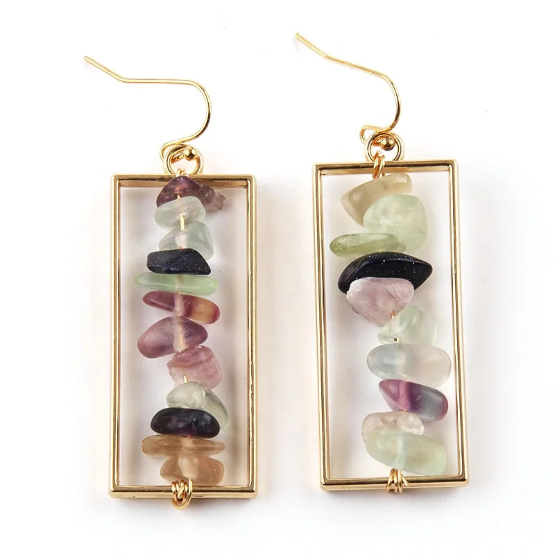 New Design Lady Holiday Gift 4.2CM Alloy Rectangle  Earrings Amazonite Gravel Coral Shell Fluorite Earring