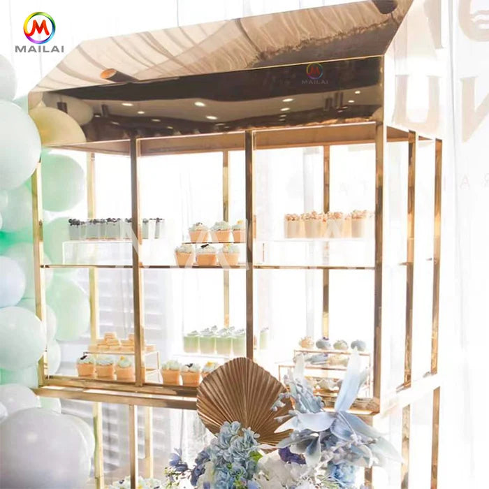 Event Party Wedding Decoration Gold Stainless Steel Candy Cart Display with Wheels 220x60x60CM Easy Assembly