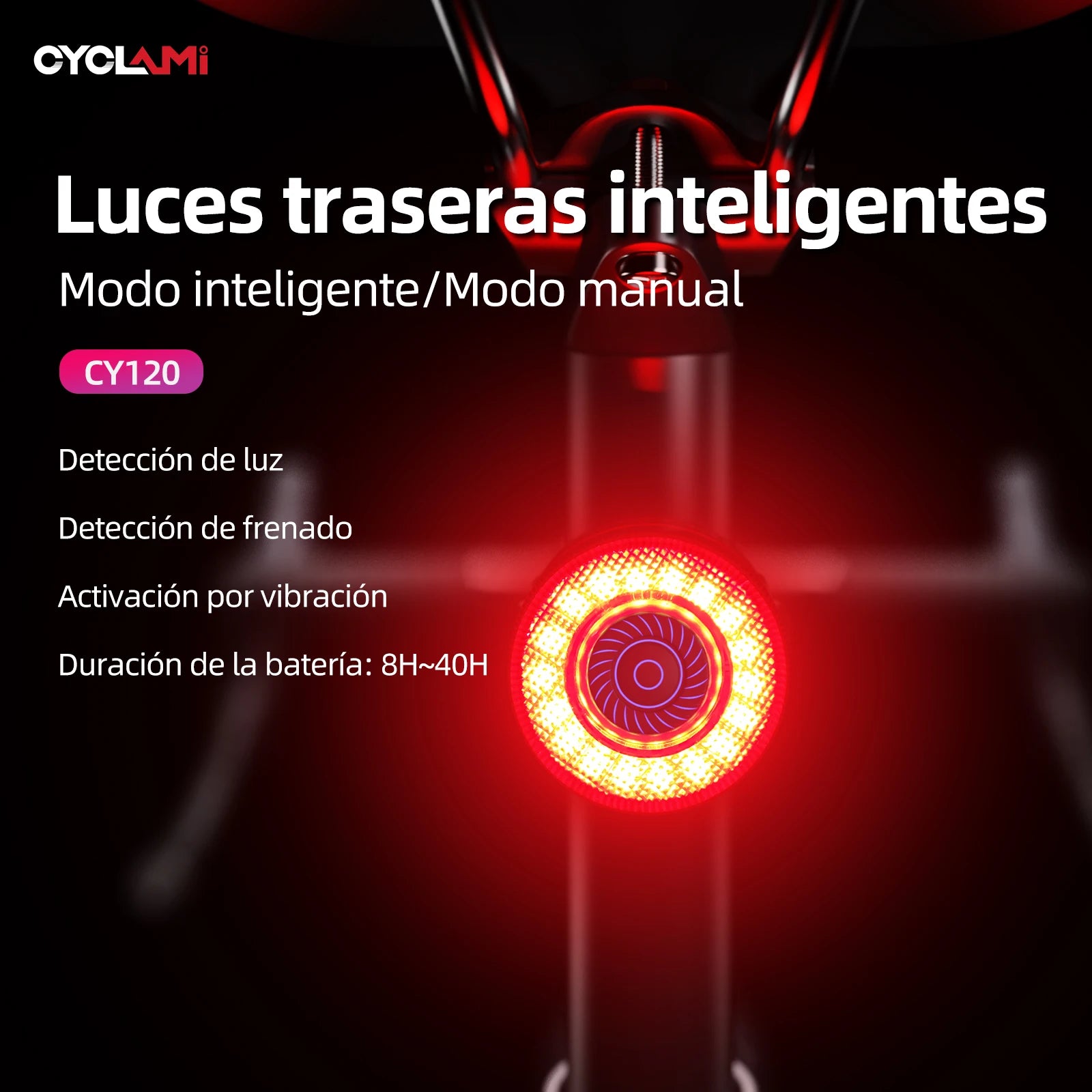 CY120 Smart Bike Tail Light with Brake Sensing 6 Lighting Modes Vibration Wake-up IP65 Waterproof 400mAh Battery