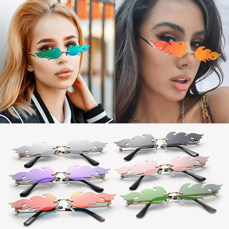 Lucky Eyewear Custom Rimless Wave Sun Glasses Fashion Cool Fire Flame Sunglasses