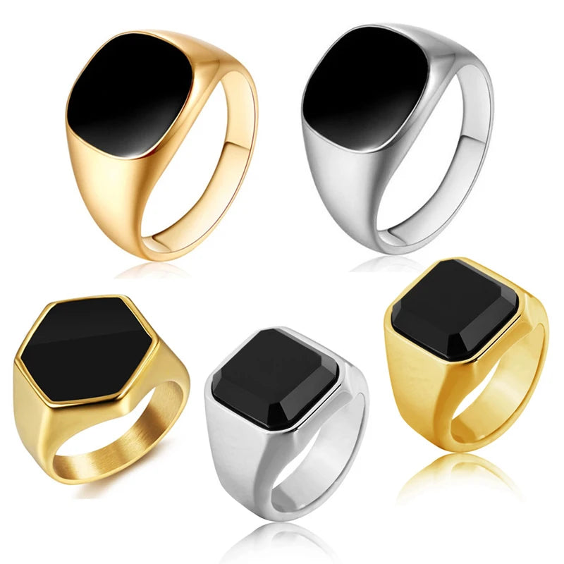 Streetwear Black Stone Rings for Men Customize Jewelry Natural Onyx Ring Stainless Steel Fashion Waterproof Hexagon Cut Ring