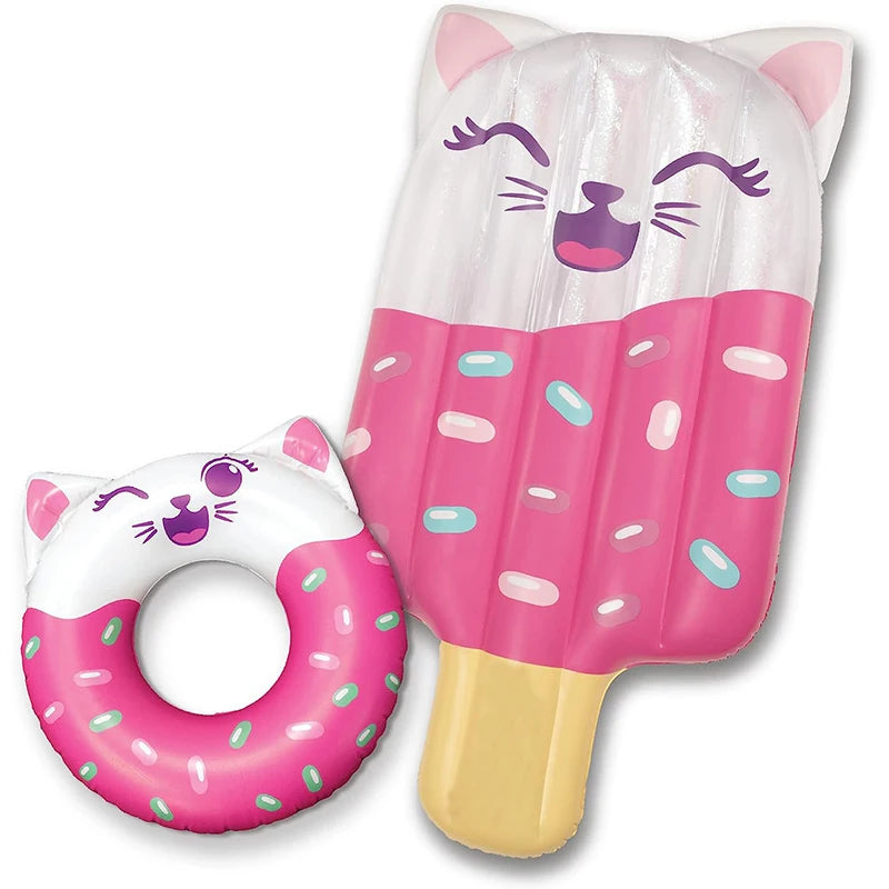 Inflatable PVC Pool Floats Set for Kids Includes Glitter Cat Ice Raft and Mermaid Swimming Tube for Swimming Party Toys