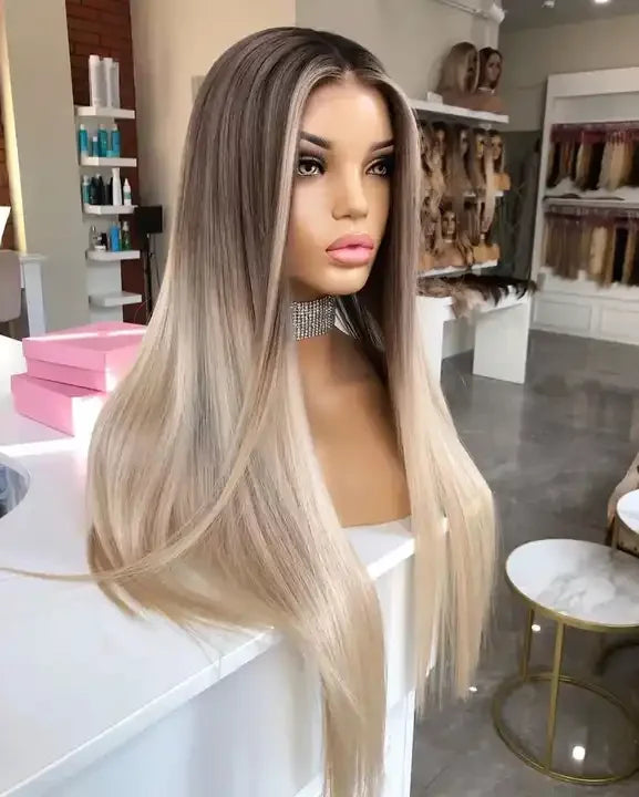 European Remy Hair HD Lace Wigs Ombre Blonde Highlight Silk Straight Ash Root Raw Virgin Hair Silk Base Wig Lace Closure