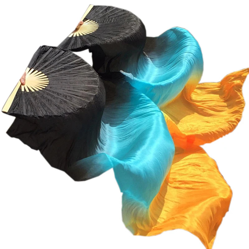 Hand-Dyed Long Folding Bamboo Silk Fans with Veil Elegant Dancewear for Belly Dance Class and Lesson Exercise