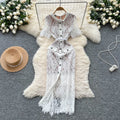 Casual Women'S Dresses LW1461 Women'S Single-Breasted Short Sleeve Lace Dress High Slit Sophisticated Clothes for Women