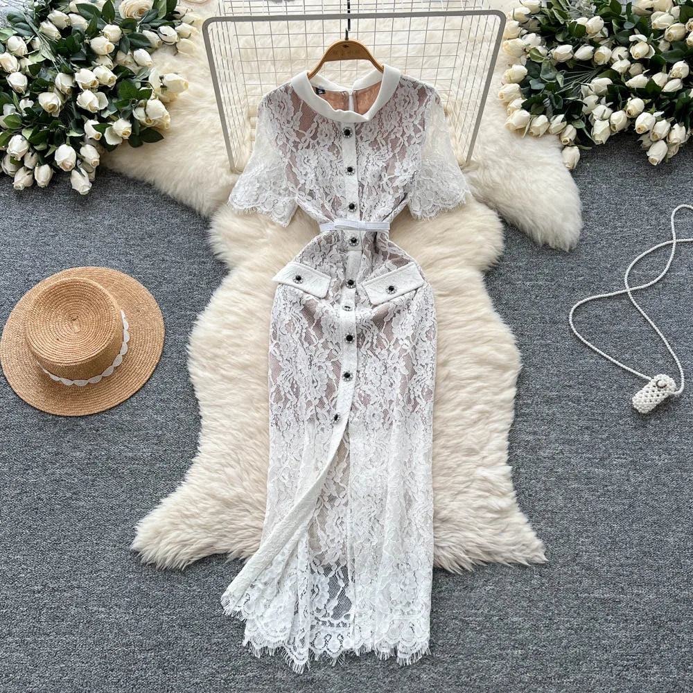 Casual Women'S Dresses LW1461 Women'S Single-Breasted Short Sleeve Lace Dress High Slit Sophisticated Clothes for Women