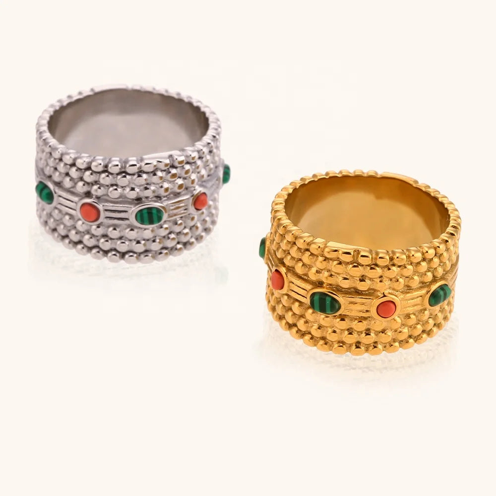 Ding Ran Hot Selling Boho Colorful Natural Stone Rings Tarnish Free Stainless Steel Chunky Beaded Rings