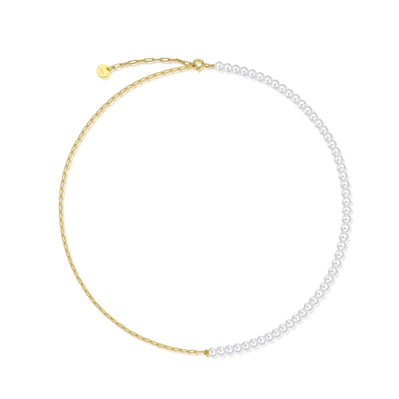 Fine Chain Necklaces Half Chain Half Shell Pearl 18k Gold Plated 925 Sterling Silver Chain Paperclip Pearl Necklace