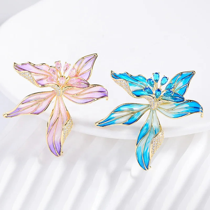Luxury Gold Plated Enamel Craft Orchid Cubic Zirconia Brooch for Women Wedding Elegant Flower Lapel Pin