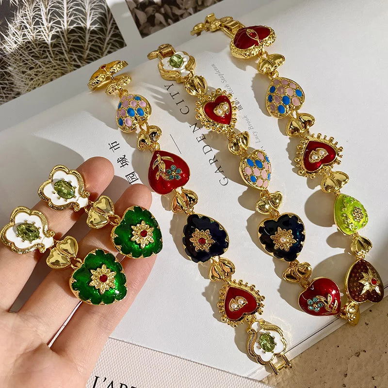 2025 Vintage Byzantine Medieval Renaissance Bold Gold Plated Chunky Statement Heart Earrings Bracelet Necklace Jewelry Set