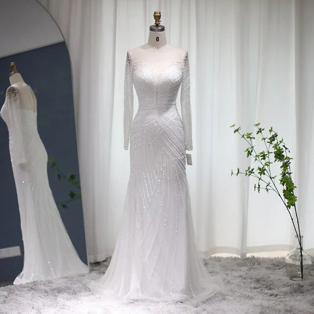 Ruolai ASA-SS39 Modest Scoop Long Sleeve Beading Evening Dresses Sequin Sheath Party Prom Dresses for Women