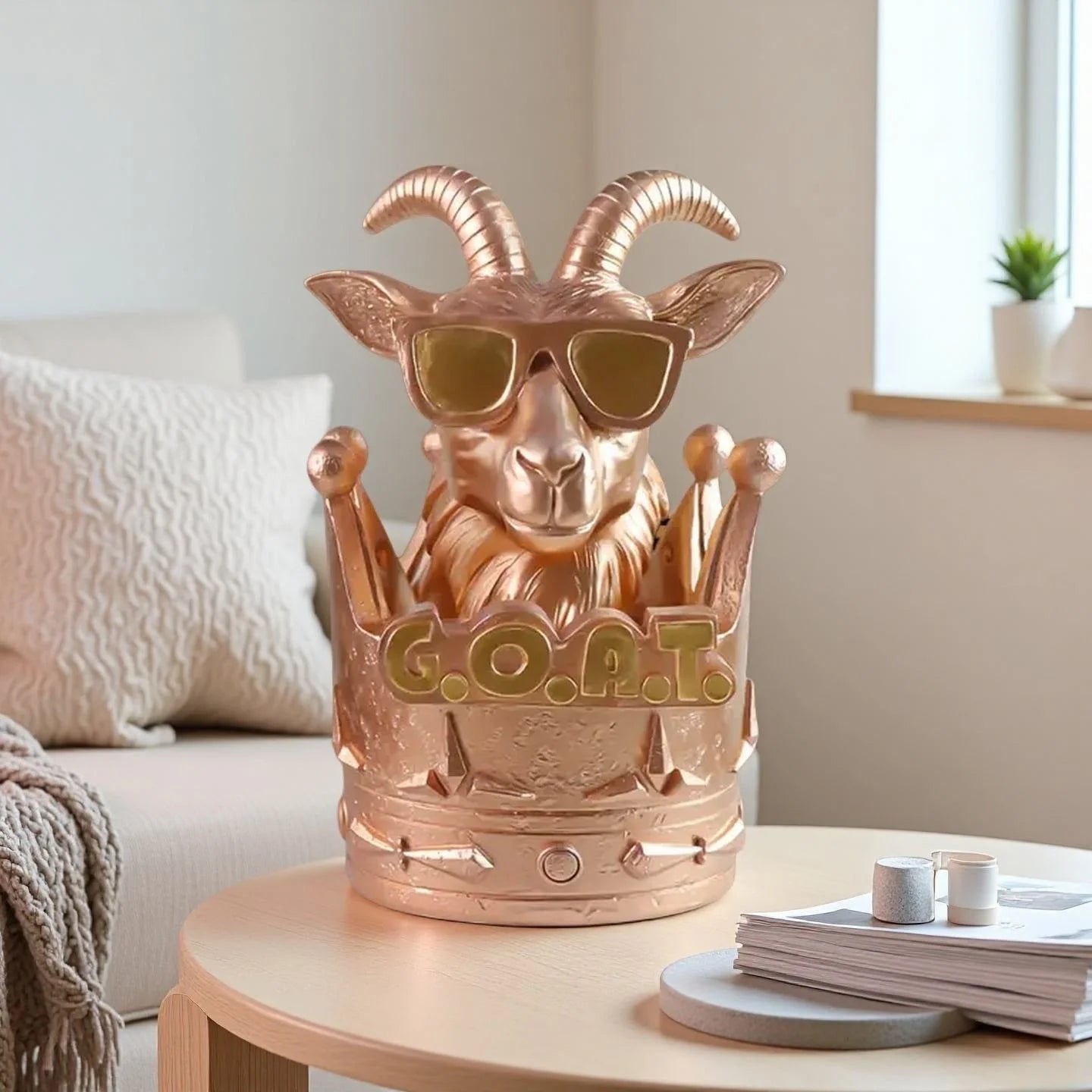 Rose Gold Resin Statue with Goat Sculpture Crown Style Hand-Painted Fashion Item for Individualistic Style Holiday Gift Model
