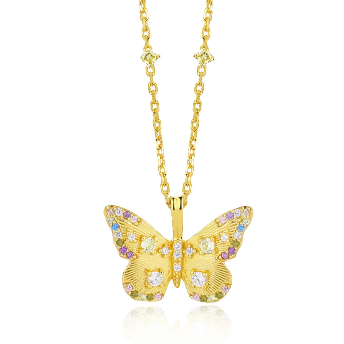 2024 Fashion Light Luxury Brushed Metal Inlaid with Colored Diamonds butterfly Necklace for Girls Jewelry Factory Customized