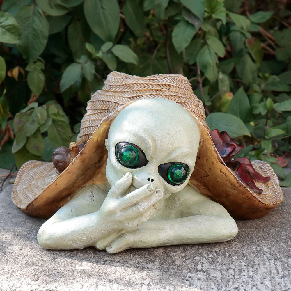 Resin Art Nightlight Alien Garden Statue Ornament-Straw Hat Covering Face Design-Hand-Painted Holiday Outdoor Dark-Themed Model