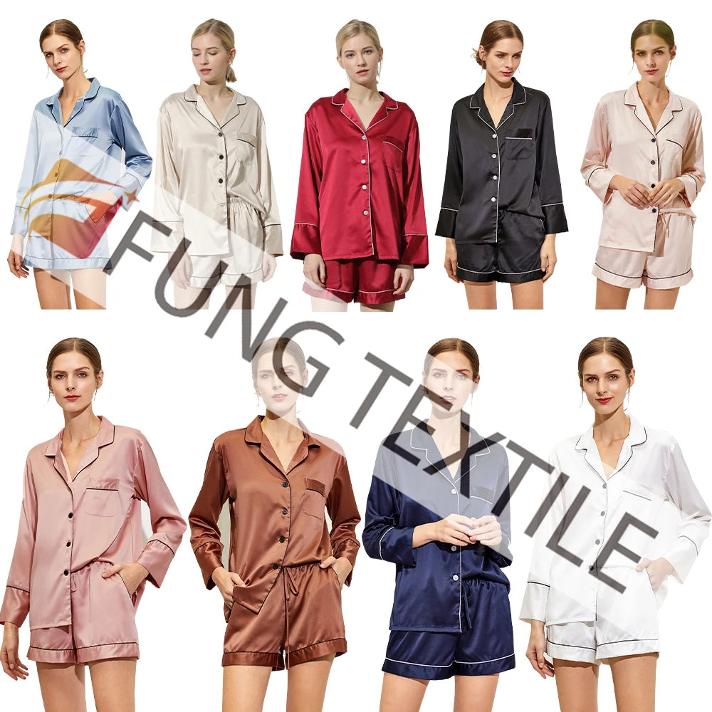 Fung 6002 Pajama Sets Home Nightwear Wholesale Pajama Sets Women Two Pieces Long Sleeve Satin  Pajama Sets