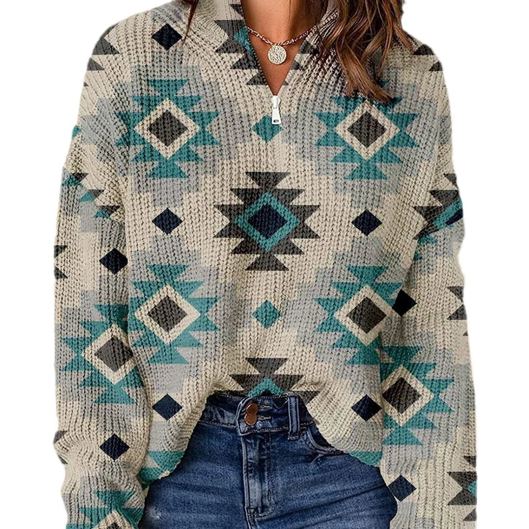Vintage Aztec Geometric Pattern Pullover Sweatshirt for Women 2026 Spring Autumn Collection Zip-up Long Sleeve Woven Breathable