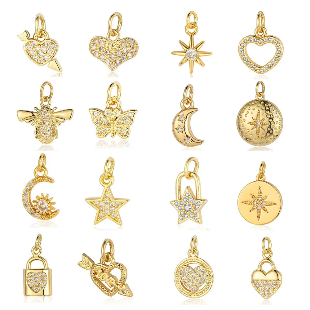 Beimai OEM Charms for Jewelry Making Heart Lock Copper Zircon Sun Star Moon Bee Butterfly DIY Necklace Earrings Accessories