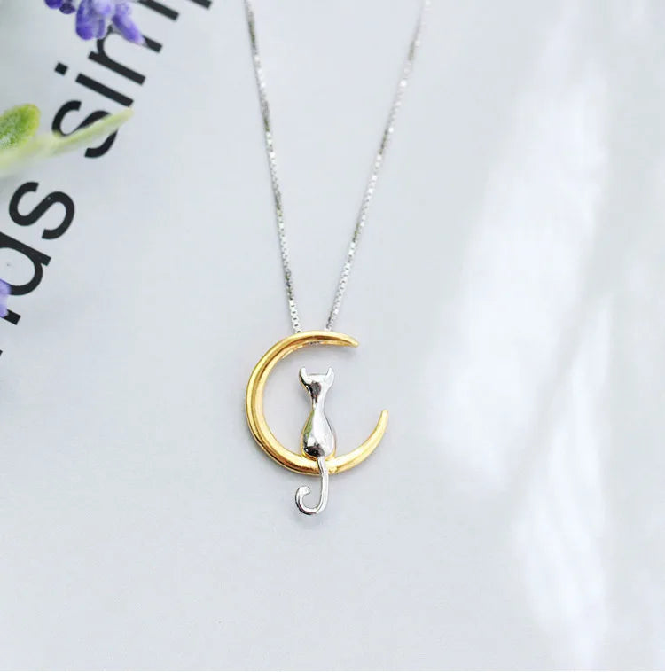 Fashion Cute Animal Cat Moon Pendant Necklace Charm Gold Silver Color Box Chain Necklace Cat Pet Lucky Jewelry for Women