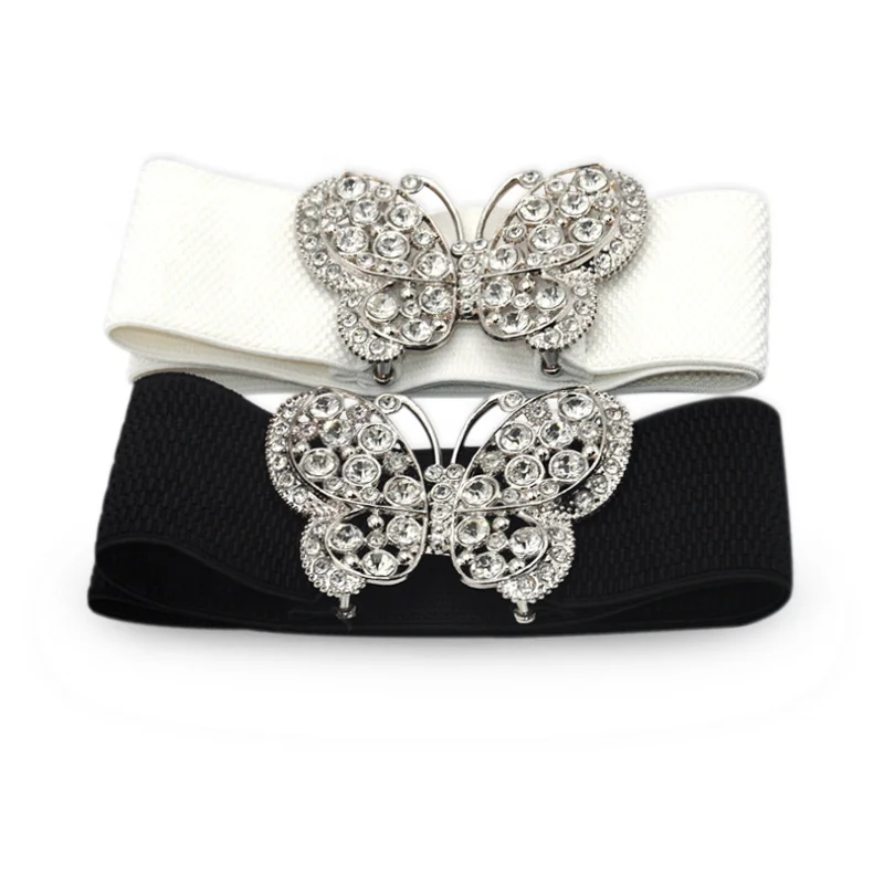 New Arrival Elegant Women's Dresses Decorative Elastic Waistband Ladies' Wide Stretch Belt With Rhinestone Butterfly Buckle