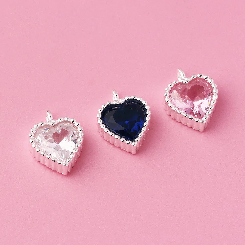 7.9mm Fine 925 Sterling Silver Pink Zircon Heart Shape Charm Pendant for Necklaces Bracelets Jewelry Supplies