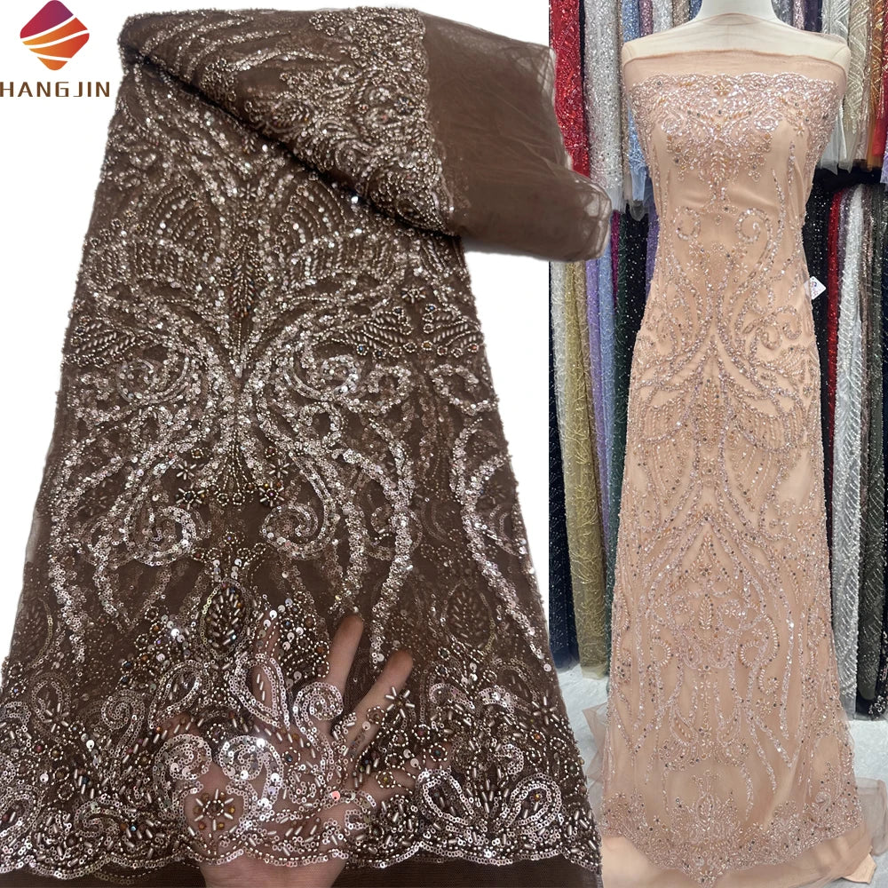 Colorful Nigerian Handmade Sequins Lace Fabrics Luxury Bridal African Beaded Net Lace Fabric for Women Wedding Dress