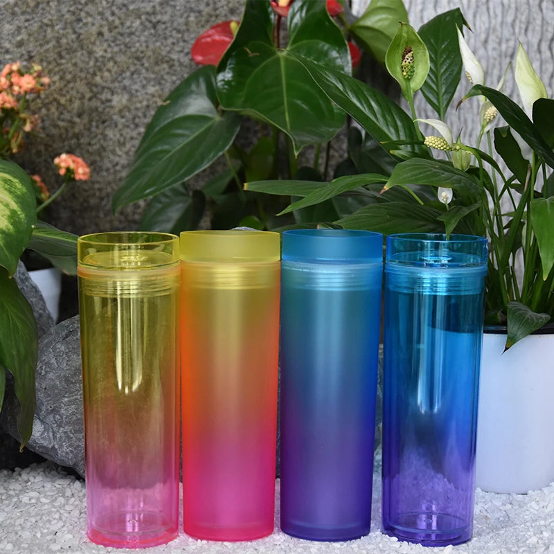 16oz Gradient Mug Double Walled Acrylic Plastic Tumbler Insulated Plastic Water Bottles With Straw Lid