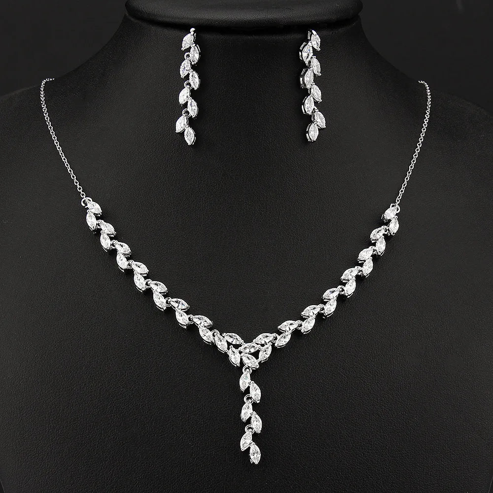 Vintage Classic Crystal Cubic Zircon Marquise Cut Y Shape Necklace Earring Set for Wedding Party Engagement Rhodium Plated Made