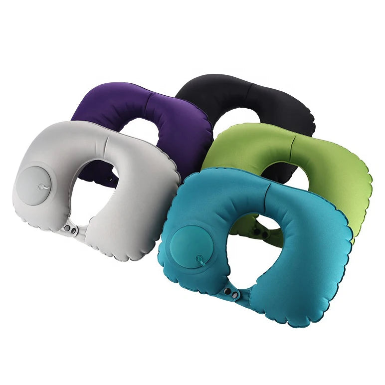 Waterhan FPL4H5335 Auto Press Pump Inflatable Travel with Bag Fashion Air Filled U Foldable Flocked PVC Neck Pillow