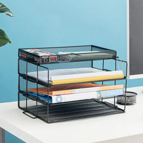 Simple Trending 4-Trays Mesh Desk Organizer Desktop Hanging File Holder with Plastic Drawer Organizer for Office Home