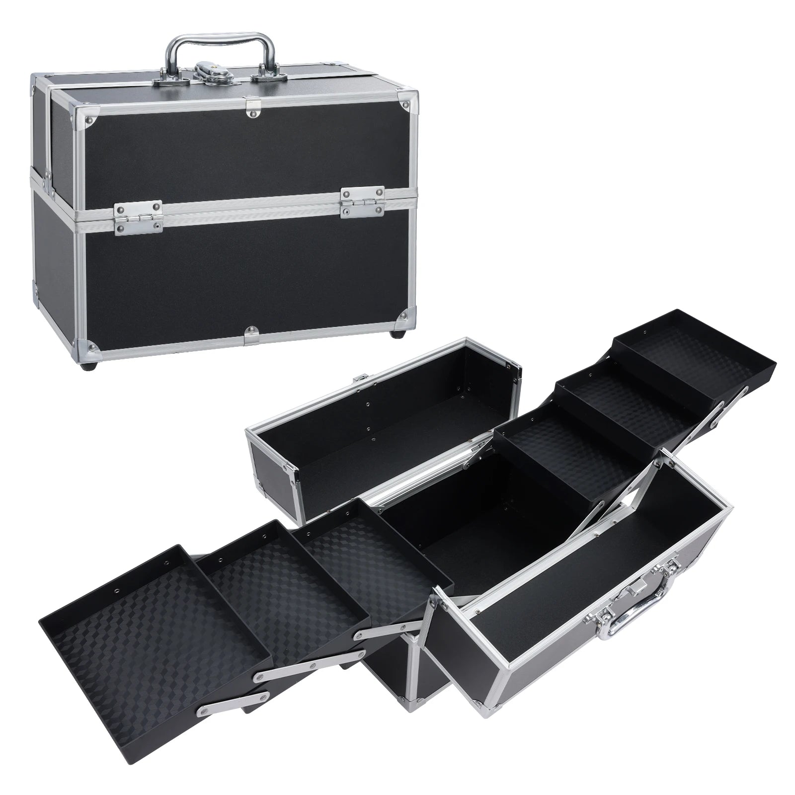 Large Capacity Portable Aluminum Makeup Train Case with 6-Trays Cosmetic Organizer for Girls and Women Nail Craft Tools Kit