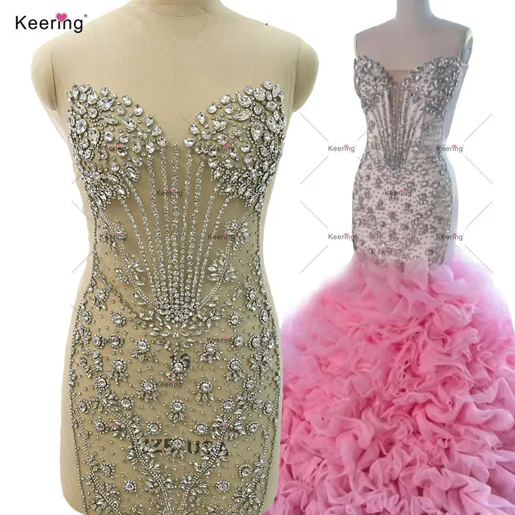 WDP-487 Newest Glass Panel Crystal Shiny Rhinestone Decal Bodice Applique for Wedding Party Evening Dresses