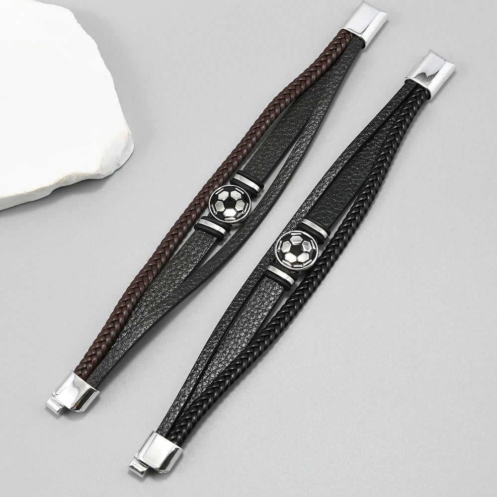 Hot Selling Men's Fashion Metal Football Bracelet Braided Leather Wristband Birthday Gift