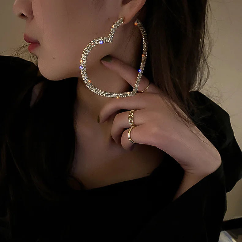 S925 Silver Post Diamond Heart Shape Hoop Earrings Orecchini Cuore Statement Crystal Rhinestone Large Love Tennis Heart Earrings