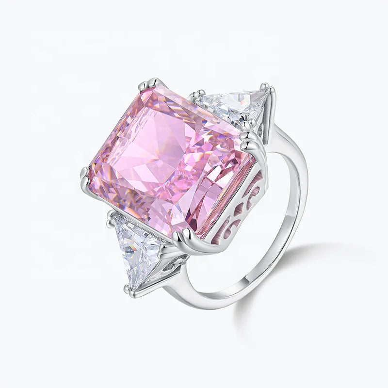 TK High Quality 925 Solid Sliver Jewelry Radiant Cut Pink Diamond Cubic Zirconia Cocktail Rings for Women