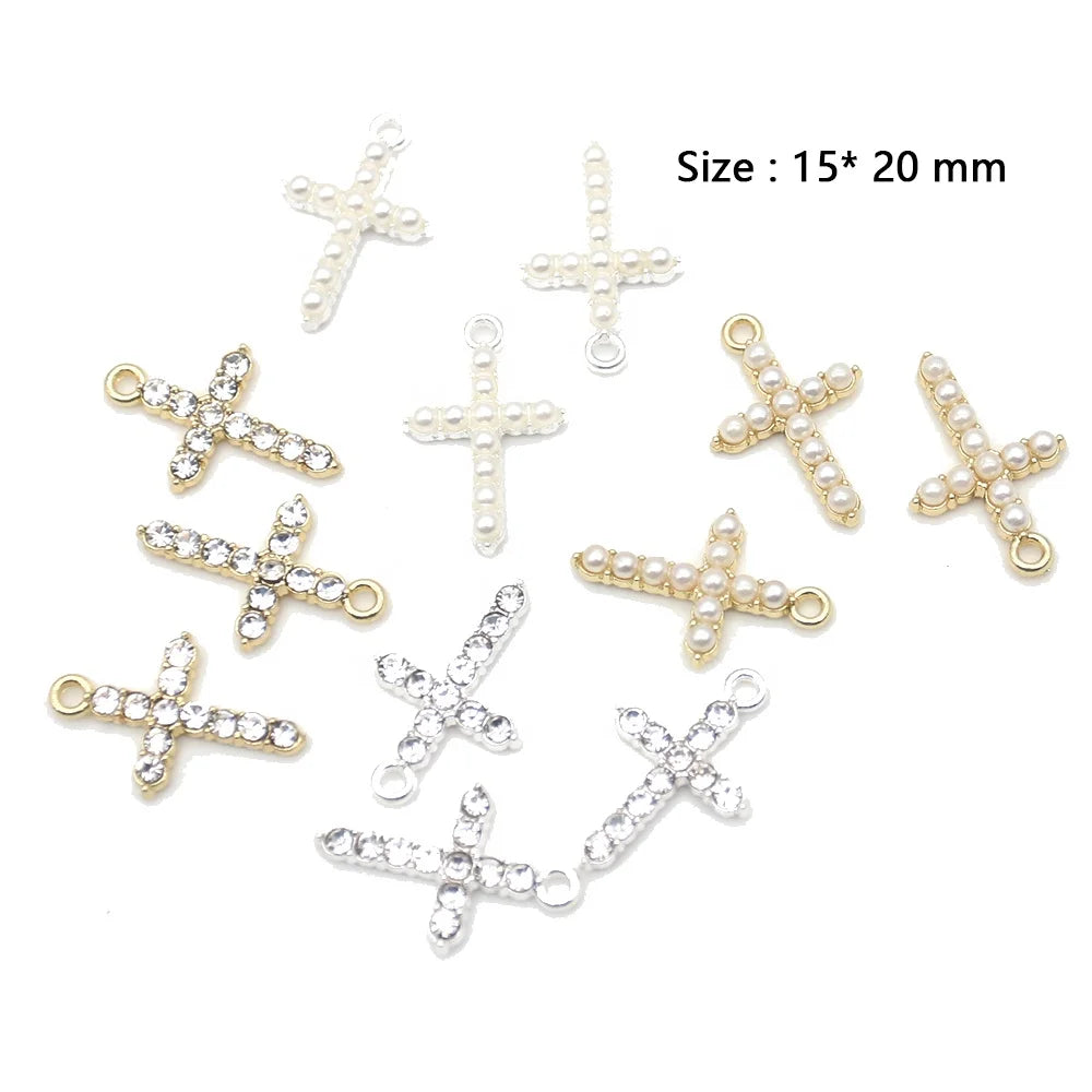 Cute Mini Religious Pearl Crystal Cross Charms Christianity Cross Charms Pendant for DIY Jewelry Making
