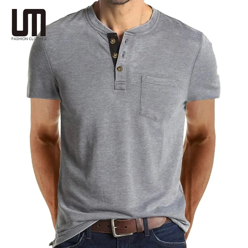 Clearance Sales Trending Wholesale Summer Men Clothing Solid Color Buttons V Neck Casual Plus Size T Shirts