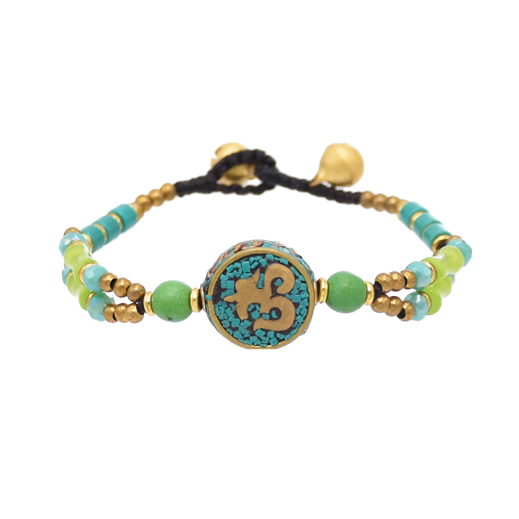 Bohemian Handmade Tibetan Style Green Beaded Bell Woven String Women's Bracelet